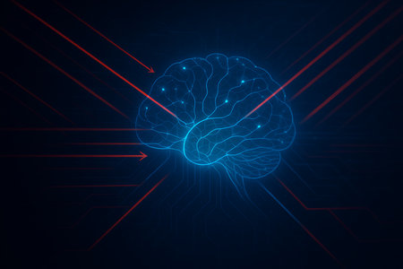 An abstract digital illustration of a glowing blue human brain outline with intricate neural connections and bright nodes, set against a dark blue background with circuit board patterns. Red arrows point towards the brain, symbolizing data input, information flow, or cognitive processing in a technological context. This image represents concepts of artificial intelligence, machine learning, neuroscience, smart technology, and the future of computation.の素材