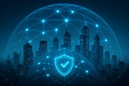 An abstract concept of a modern cityscape enveloped by a glowing blue wireframe sphere, symbolizing a global secure network. A prominent cybersecurity shield with a checkmark icon stands at the forefront, representing data protection, digital security, and defense systems for urban environments and advanced technological infrastructure. This image conveys themes of internet safety, smart city protection, and secure connectivity.の素材