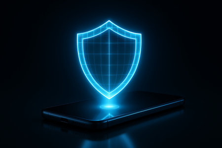 A glowing blue holographic shield icon emerges from a modern smartphone screen against a dark, reflective background, symbolizing advanced mobile cybersecurity, data protection, and online safety. This conceptual image represents secure digital experiences, antivirus software, network security, and privacy protection for smart devices.の素材