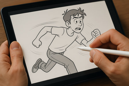A close-up shot of an artist&#39;s hand using a white stylus pen to digitally draw a surprised and running cartoon character on a tablet computer screen. This image showcases the modern creative process of digital illustration, character design, and animation, emphasizing technology in contemporary art creation.の素材