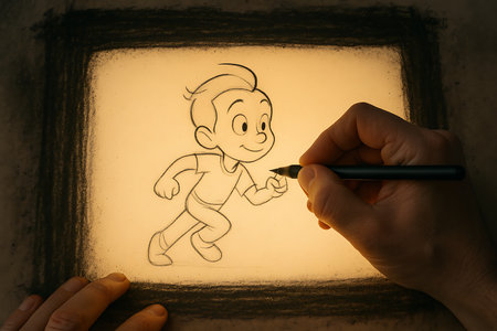 A top-down view of an artist&#39;s hand using a pen to sketch a lively cartoon boy in a running pose on an illuminated surface. The outline drawing features a happy, energetic character, with a dark, textured border framing the light area. This image encapsulates the creative process, skill, and imagination involved in bringing an animated figure to life.の素材
