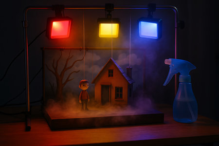 A captivating and surreal miniature diorama featuring a small boy figurine and a house, enveloped in atmospheric mist. The scene is dramatically illuminated by red, yellow, and blue stage lights, creating a dreamlike and whimsical mood against a dark background, suggesting a profound storytelling concept or a creative art project.の素材