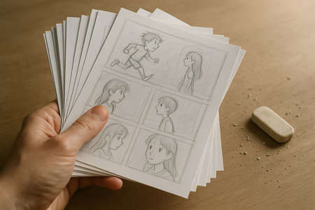 Close-up of a hand holding a stack of paper sheets with hand-drawn comic strip or manga panels, depicting a boy running and a girl. An eraser and its shavings lie on a textured wooden table, symbolizing the creative process of illustration and revision.の素材