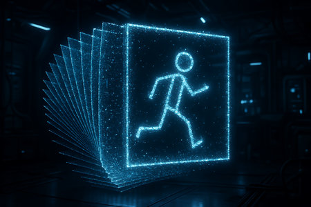A mesmerizing 3D render of an emergency exit sign, featuring the iconic running man symbol composed entirely of shimmering blue particles. This futuristic and abstract visualization conveys concepts of digital security, escape, and urgent navigation in a dark, high-tech environment with a sense of depth and luminescence.の素材