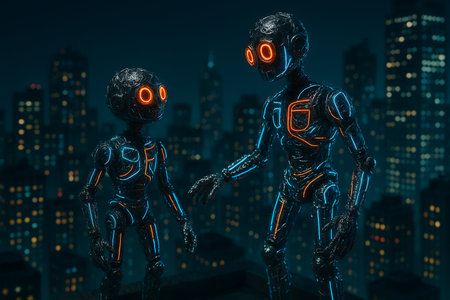 Two advanced humanoid robots, intricately designed with dark metallic textures, glowing orange eyes, and vibrant neon blue and orange light lines, stand on a rooftop. They overlook a blurred, futuristic city skyline at night, creating a mysterious and high-tech ambiance. The larger robot appears to be interacting or communicating with the smaller one.の素材
