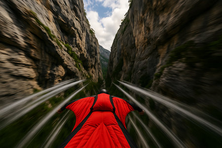 A thrilling point-of-view shot capturing a wingsuit pilot in a vibrant red and black suit soaring at high speed through a dramatic and narrow mountain canyon. The intense motion blur on the rugged rock walls emphasizes the incredible velocity and adrenaline of this extreme sport.の素材