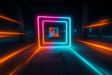 Abstract 3D render of a dark, futuristic tunnel or corridor with glowing neon square frames and light trails in vibrant pink, blue, and orange. This dynamic and modern background evokes concepts of speed, technology, virtual reality, and cyber aesthetics, suitable for gaming, digital design, or high-tech themes.の素材