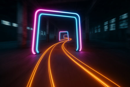 A vibrant, glowing neon tunnel creates a futuristic path through a dark, mysterious environment. The illuminated frames and winding lines guide the eye forward, evoking a sense of speed, technology, and an abstract digital journey. Perfect for backgrounds, digital art, or concepts related to future, cyber, and gaming.の素材
