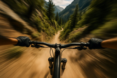 A thrilling first-person point of view (POV) shot captures the high-speed experience of mountain biking on a winding dirt trail. The strong motion blur effect emphasizes the rapid movement and adrenaline rush, with the rider's gloved hands gripping the handlebars. Lush green forests and majestic mountains frame the adventurous path, conveying a sense of excitement and outdoor adventure.の素材