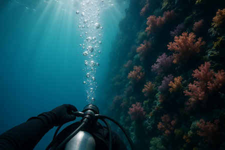 An immersive first-person view of a scuba diver exploring a stunning, colorful coral reef wall. Sun rays pierce through the clear blue water from above, illuminating the ascending air bubbles and creating a serene, adventurous underwater scene.の素材