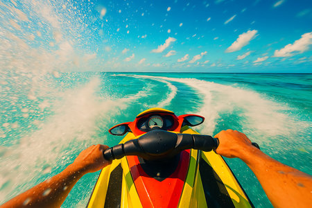 An exhilarating first-person perspective of a jet ski speeding across vibrant turquoise tropical waters under a clear blue sky. The dynamic water splashes and wake convey a strong sense of speed, adventure, and summer fun, with the rider&#39;s hands visible on the handlebars. Ideal for themes of vacation, water sports, and active holidays.の素材