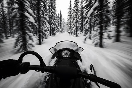 Experience the exhilarating rush of a snowmobile ride from a first-person perspective, cutting through a dense, snow-covered forest. The intense motion blur on the pine trees lining the path vividly conveys a sense of high speed and dynamic energy, enhancing the thrill of this winter adventure. Rendered in dramatic black and white, the image highlights the stark beauty and raw power of the snowy wilderness.の素材