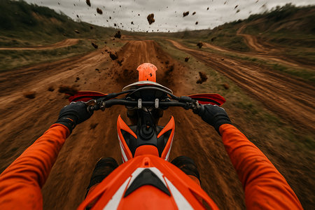A thrilling first-person perspective shot captures a dirt bike rider in action, speeding along a rugged off-road track. Mud and dirt fly through the air, creating a dynamic scene that conveys the adrenaline and excitement of motocross racing. The rider&#39;s orange gear and handlebars are visible, emphasizing the raw, intense experience of the extreme sport.の素材