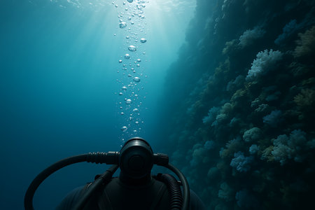 A first-person perspective of a scuba diver looking up through rising bubbles towards the sun-dappled surface, with a vibrant coral reef wall on the right. This captivating underwater scene embodies the spirit of exploration and the serene beauty of the deep blue ocean.の素材