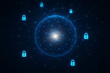 An abstract digital representation of global network security, featuring a glowing sphere interconnected by lines and dots, surrounded by multiple glowing padlock icons. This image symbolizes data protection, cybersecurity, and secure global communication in the modern technological landscape.の素材