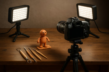 A close-up view of a creative workspace featuring a handmade clay figure, a DSLR camera on a tripod, and two illuminated LED studio lights, with various sculpting tools arranged on a rustic wooden table. This setup is ideal for stop motion animation, product photography, or content creation.の素材