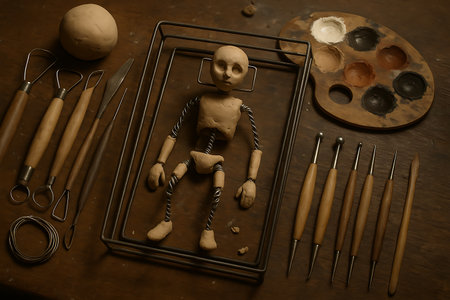 Overhead shot of an artist&#39;s studio table featuring a partially sculpted clay mannequin with an exposed wire armature, surrounded by a collection of professional sculpting and modeling tools, raw clay, and a wooden palette containing various earthen-toned pigments or clays. This image captures the essence of the creative process and artisanal craftsmanship.の素材