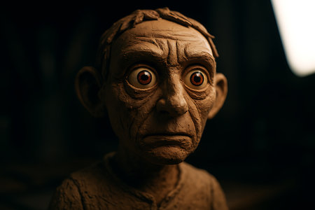 Close-up portrait of a distressed, wrinkled claymation character with intensely wide and bulging eyes, captured with dramatic lighting against a dark background. This handmade sculpture evokes feelings of fear, surprise, or anxiety, suitable for stop-motion animation, horror themes, or unique artistic projects.の素材