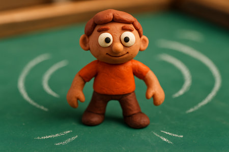 A cheerful, handmade claymation figure with an orange shirt, brown hair, and a smiling face stands on a green surface, surrounded by chalk drawings of concentric circles resembling sound waves or a signal. This playful, stop-motion style character conveys concepts of communication, connection, and creative ideas.の素材