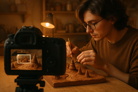 A focused young man with glasses meticulously sculpts a miniature landscape from clay, featuring small trees, a winding path, and a tiny house. He uses sculpting tools to refine the details of his diorama, working under the warm glow of a desk lamp. A camera in the foreground captures his creative process, suggesting the creation of stop-motion animation, a tutorial video, or artistic documentation. This image captures the dedication and craftsmanship involved in hands-on creative projects, perfect for themes of artistry, craft, DIY, and content creation.の素材