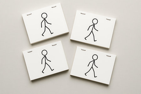 A top-down view of four white paper cards, each displaying a simple black stick figure in a progressive walking pose, arranged on a light gray background. This minimalist visual illustrates the concept of animation, sequential steps, or a flipbook, representing progress, movement, and development.の素材
