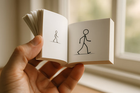 A close-up of a person&#39;s hand holding a flipbook, showcasing a simple stop-motion animation of a stick figure walking. The open pages display different stages of the stickman&#39;s movement, creating an illusion of life and progress as the book is flipped. The scene is softly lit by natural light from a blurred background window.の素材