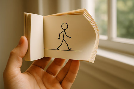 A close-up shot of a hand holding an open flipbook, revealing a hand-drawn stick figure in mid-stride, illustrating a simple animation sequence. The background features a softly blurred window, suggesting an indoor setting with natural light. This image represents creativity, storytelling, progress, and the fundamental principles of animation.の素材