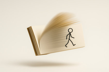 A classic flipbook shows a simple black stick figure walking across its pages, captured with motion blur to emphasize the animation. The open book appears suspended against a clean, neutral background, symbolizing concepts of progress, storytelling, creativity, and the animation process itself.の素材