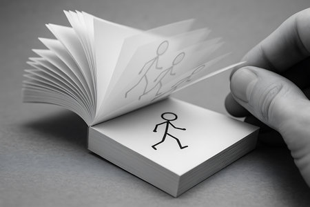 A close-up, grayscale shot of a hand actively flipping the pages of a small flip book, creating a classic animation of a simple stick figure walking or running. This image captures the essence of traditional animation, creative process, and the illusion of motion from sequential drawings.の素材