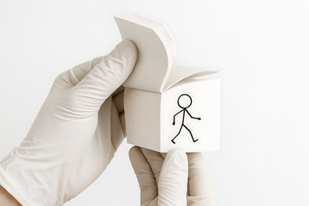 A close-up shot of hands wearing white protective gloves holding a small flipbook, illustrating a stick figure animation of a person walking. The pages are being flipped to show movement, symbolizing progress, evolution, or a step-by-step process. Isolated on a clean white background, this image conveys concepts of development, ideas, and innovation in a simple, visual way.の素材