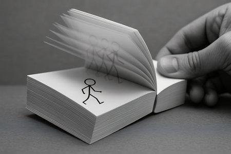 A close-up, grayscale shot of a hand rapidly flipping through the pages of a flipbook, creating a traditional stop-motion animation of a stick figure walking across the pages. The blurred pages convey dynamic movement and the classic charm of a handmade animation.の素材