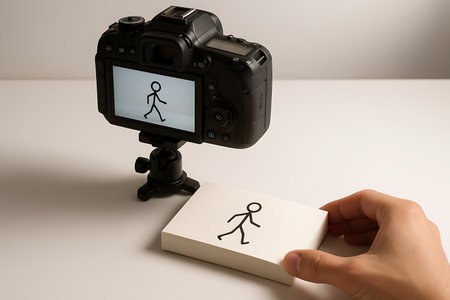 A close-up shot of a DSLR camera on a tabletop tripod, positioned to capture a series of hand-drawn stick figure illustrations on white cards. A hand is carefully holding the stack of cards, suggesting the process of creating a stop-motion animation or flipbook. The camera&#39;s screen shows the stick figure in motion, highlighting the blend of traditional animation techniques with modern photography equipment. This image conveys concepts of creativity, filmmaking, and the detailed craft of bringing drawings to life.の素材