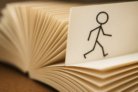 A hand-drawn black stick figure depicting a running person is featured on a single page of an open book or fanned stack of paper. The close-up shot with shallow depth of field highlights the concept of progress, action, or a journey through knowledge and ideas. The warm tones of the paper suggest a vintage or thoughtful feel.の素材