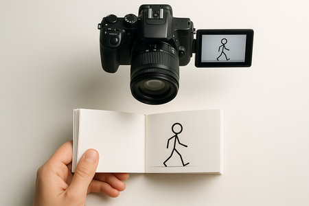 An overhead view showcasing the creative process of stop motion animation. A modern digital camera is positioned above an open flipbook, both displaying a stick figure in a walking pose. This image symbolizes the blending of traditional hand-drawn art with contemporary videography techniques for creating animated content, emphasizing creativity, art, and visual storytelling.の素材