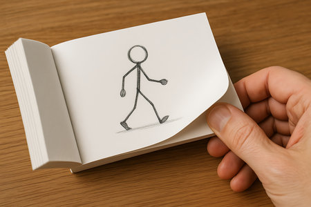 A close-up shot of a hand flipping the pages of a small notepad, creating a hand-drawn animation of a stick figure walking. This creative illustration demonstrates traditional animation techniques and the illusion of movement, set against a warm wooden table.の素材
