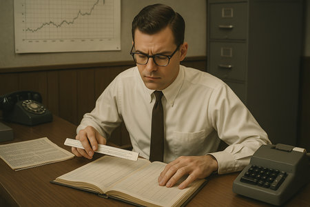 A focused man, dressed in a classic white shirt and tie, intently works on calculations using a slide rule and a ledger book in a vintage office setting. The scene features retro office items like a rotary phone, an old adding machine, and a graph on the wall, evoking a mid-century business or accounting environment.の素材