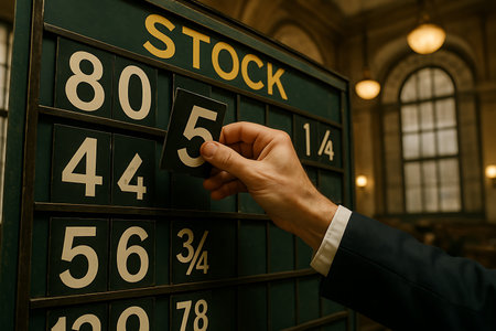 A close-up shot of a businessman&#39;s hand placing a number &#39;5&#39; tile onto an antique green stock market board, displaying real-time or historical price fluctuations and stock quotes. The scene captures the essence of traditional financial trading and investment, set against a classic, historical backdrop, highlighting concepts of market updates, data management, and economic changes.の素材