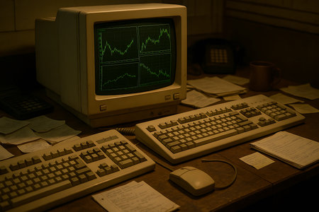 A nostalgic scene featuring an old-fashioned CRT computer monitor showing vibrant green financial graphs and stock market data, surrounded by two retro beige keyboards, a wired mouse, a calculator, and a rotary phone. The wooden desk is cluttered with scattered handwritten papers and documents in a dimly lit, dark office, evoking a sense of 1980s or 1990s computing, finance, and dedicated work.の素材