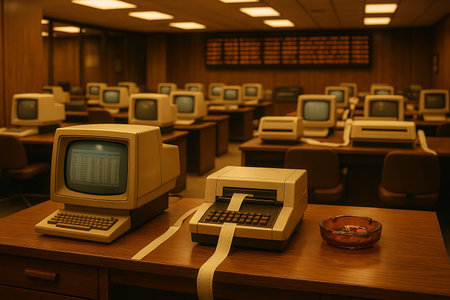 An atmospheric view of a vintage computer lab or data entry room from the 1970s or 1980s, featuring multiple beige-colored CRT computer terminals with keyboards on wooden desks. In the foreground, a detailed punch card reader/printer is visible alongside a classic ashtray, highlighting the early days of information technology and data processing with a nostalgic retro aesthetic.の素材