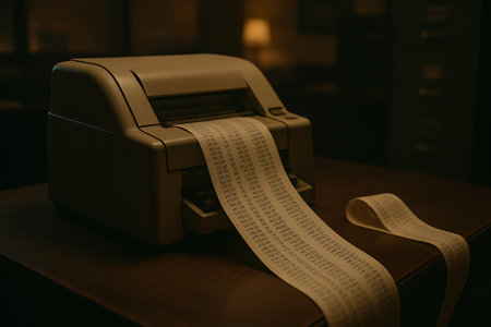 A close-up view of a retro-style office printer, possibly an old dot matrix or thermal model, sitting on a dark wooden desk. A very long paper receipt covered with rows of financial numbers and text unfurls from the machine and extends across the surface. The scene is dimly lit with warm light, creating a nostalgic atmosphere related to finance, accounting, or historical record-keeping. The image suggests extensive data, complex calculations, or a detailed financial statement.の素材