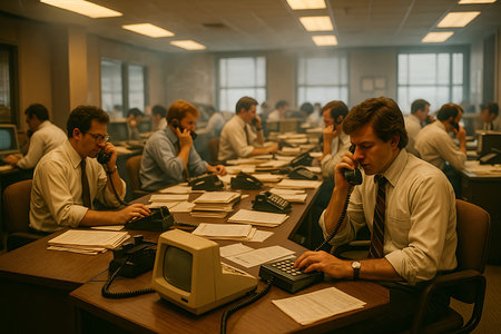 A bustling vintage office scene from the 1970s or 1980s, depicting multiple male employees intently working on landline telephones. Desks are filled with stacks of paperwork and old-fashioned technology, capturing an era of intense communication, sales, and business activity.の素材
