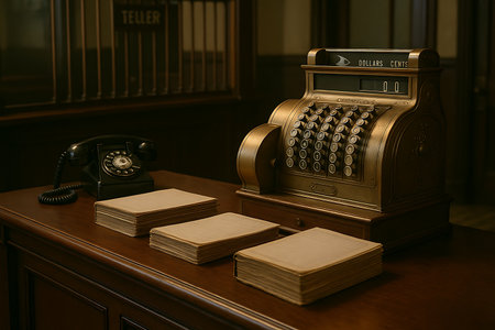 A nostalgic and historical setup featuring a vintage brass cash register, a classic black rotary telephone, and stacks of old ledger books, all arranged on a dark wooden counter. In the blurred background, a 'TELLER' sign is faintly visible behind a protective grille, evoking the atmosphere of an old bank or financial institution from a bygone era. The image captures the essence of historical finance, business, and communication.の素材