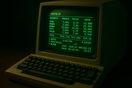 A close-up view of a retro computer monitor with a glowing green monochrome display, showing a financial portfolio. The screen features columns for security, shares, price, and gain, with a visible date of April 23, 1994, highlighting the early days of digital finance and investment tracking. The nostalgic aesthetic evokes classic 1980s and 1990s technology.の素材