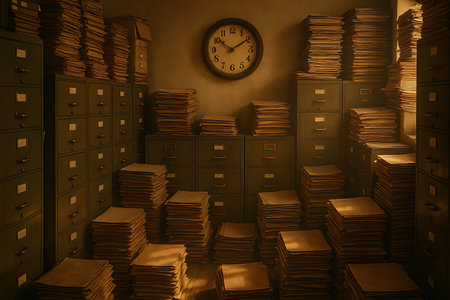 A dimly lit and cluttered vintage office or archive room, completely overwhelmed with countless towering stacks of aged, yellowed paper documents and numerous classic green metal filing cabinets. A prominent round wall clock hangs centrally, overlooking the vast volume of historical records, evoking themes of bureaucracy, information overload, forgotten data, and the relentless passage of time.の素材