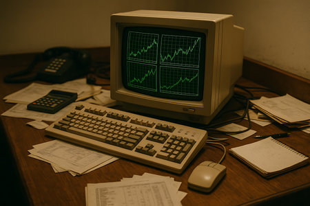 A nostalgic view of an old-fashioned workspace featuring a beige CRT monitor displaying multiple green line graphs, likely representing financial or scientific data. The wooden desk is cluttered with vintage computer peripherals including a classic keyboard and mouse, along with stacks of papers, a calculator, a rotary phone, and a spiral notebook, evoking a retro computing and business era.の素材