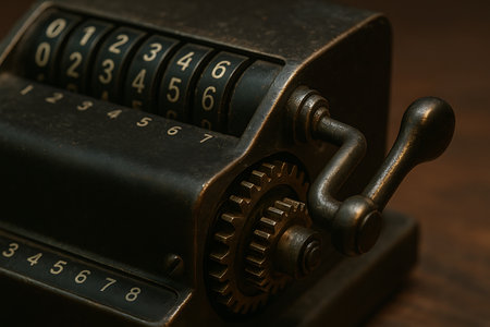 A detailed close-up of a vintage mechanical calculator or adding machine, showcasing intricate brass-toned gears, rotating number wheels, and a sturdy crank handle. The aged, distressed metallic surface evokes a sense of history, precision engineering, and the bygone era of manual calculation and early computing technology.の素材