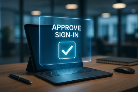 A close-up shot of a laptop on a wooden desk displaying a futuristic holographic screen with the words &quot;APPROVE SIGN-IN&quot; and a confirmed checkmark. This image represents concepts of secure digital authentication, two-factor authentication (2FA), online login approval, and data protection in a modern business or personal environment.の素材