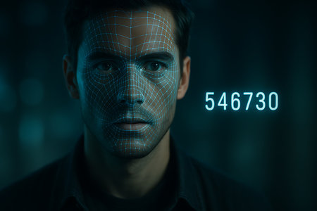 A man&#39;s face with a glowing blue digital grid overlay, representing facial recognition or biometric scanning, against a dark background with a glowing numerical code &#39;546730&#39;. This image captures concepts of artificial intelligence, cybersecurity, identity verification, and futuristic technology in a modern context.の素材