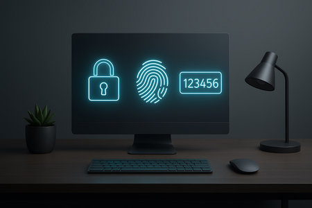 A modern desktop computer monitor displays glowing neon blue icons representing various digital security and authentication methods, including a padlock for general security, a fingerprint for biometric verification, and a numeric password or PIN (123456) for traditional login. This visual metaphor illustrates data protection, online privacy, secure access, and the concept of multi-factor authentication in a contemporary technological workspace setting. The setup includes a keyboard, mouse, small plant, and a desk lamp on a dark wooden table, creating a sleek and professional atmosphere.の素材