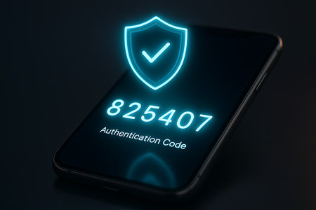 A close-up view of a smartphone screen displaying a bright blue glowing shield icon with a checkmark, alongside a six-digit authentication code and the text &#39;Authentication Code&#39;. This visual represents modern digital security concepts, including two-factor authentication (2FA), one-time passwords (OTP), secure login, online verification, and data protection for mobile devices and online accounts. The dark background and neon glow highlight the technological and security theme.の素材